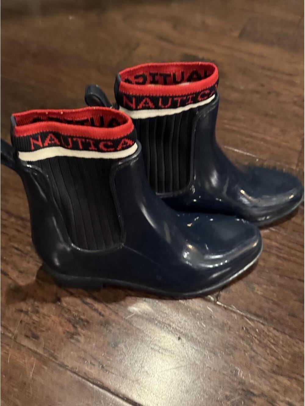 Vibrant Nautica navy blue rain boots with red and white trim,Nautica Rain Boots